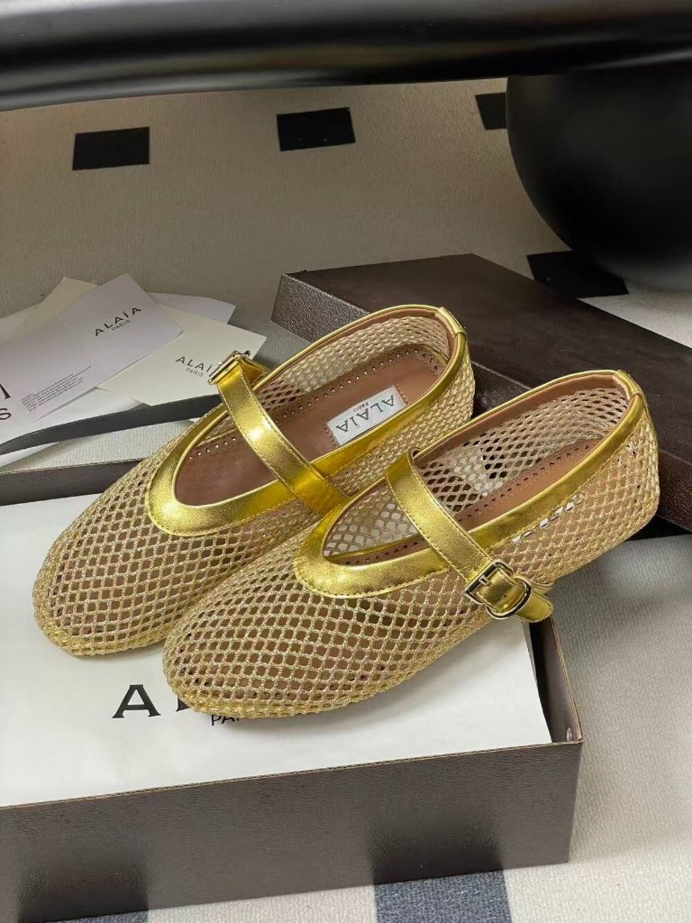ALAIA Gold French Ballet Flats: Stunning Openwork Fishnet Shoes 🔥 - Picture 1 of 8